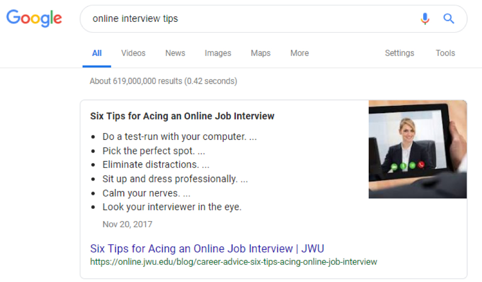 screenshot of Google search result "online interview tips", online interview tips search result, rich snippet example screenshot, online interview tips rich snippet example, blog article rich snippet example