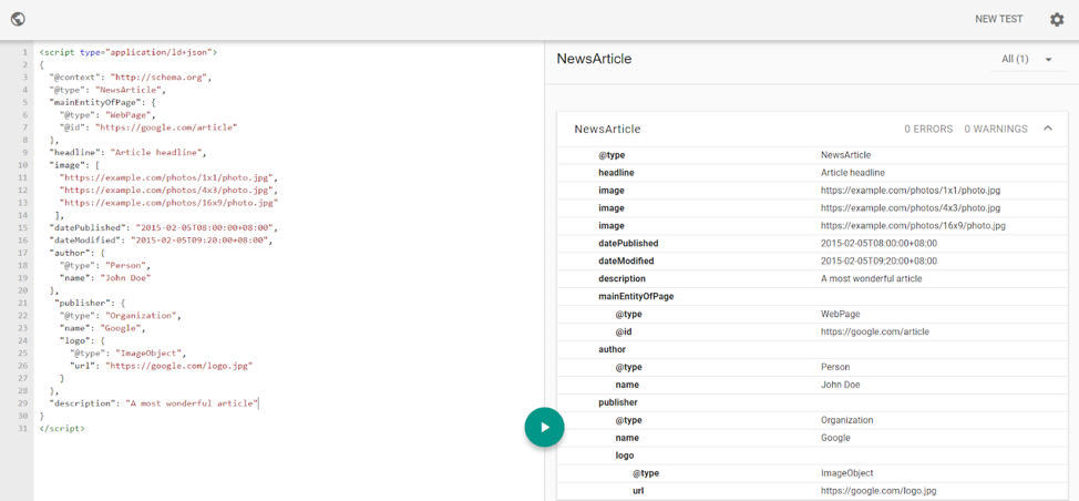 NewsArticle structured data example, Google structured data testing tool screenshot, Google structured data testing tool, schema markup article example, creating newsarticle schema, creating JSON-LD schema