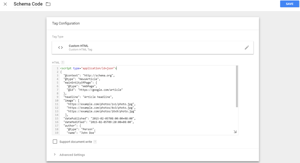 implementing schema markup in Google Tag Manager, setting up tag for schema, schema markup tag in GTM